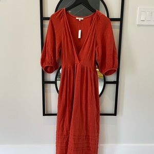 NWT Madewell Burnt Orange Crinkle Cotton Puffed Sleeve Midi.
